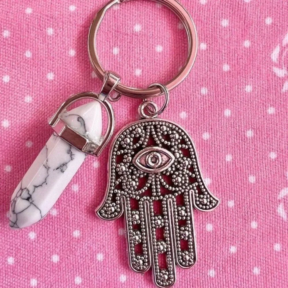 Evil Eye Hamsa Howlite Crystal Gemstone Keychain